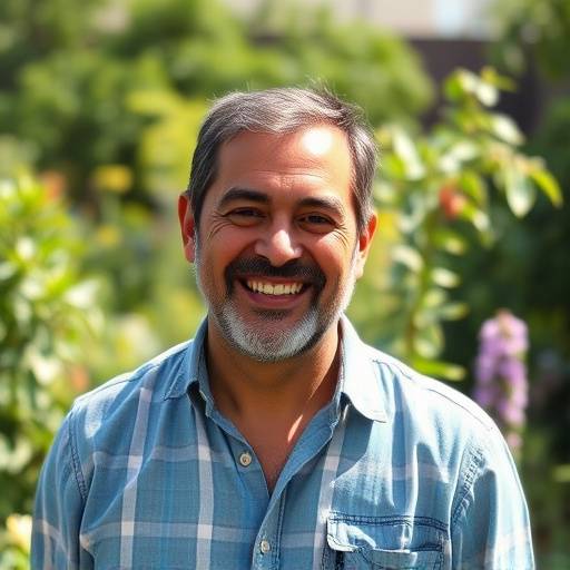 Foto de Ricardo Mendes, co-fundador e especialista em jardinagem da Verde Lar, sorrindo em um jardim.