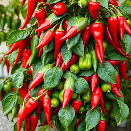 Pé de pimenta carregado de frutos vermelhos e verdes.
