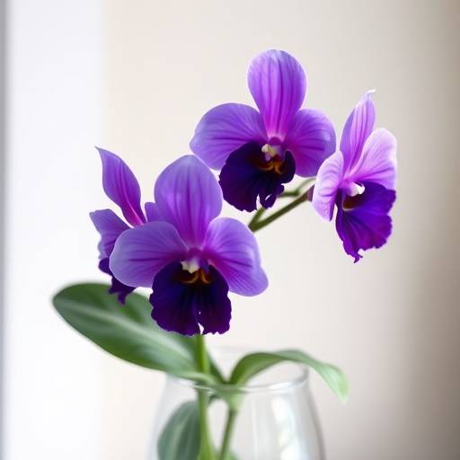 Um delicado vaso de violetas africanas com flores roxas vibrantes.
