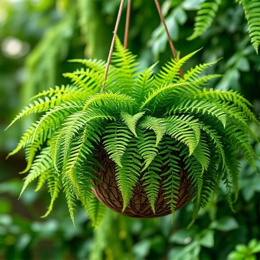 Uma samambaia exuberante pendurada em um cesto, mostrando sua folhagem verde vibrante.